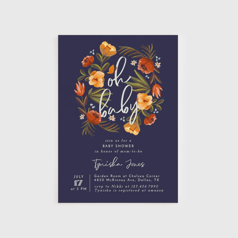 Loblolly Creative 825 - Arts & Entertainment > Party & Celebration > Party Supplies > Invitations Oh Baby Floral Baby Shower Invitation
