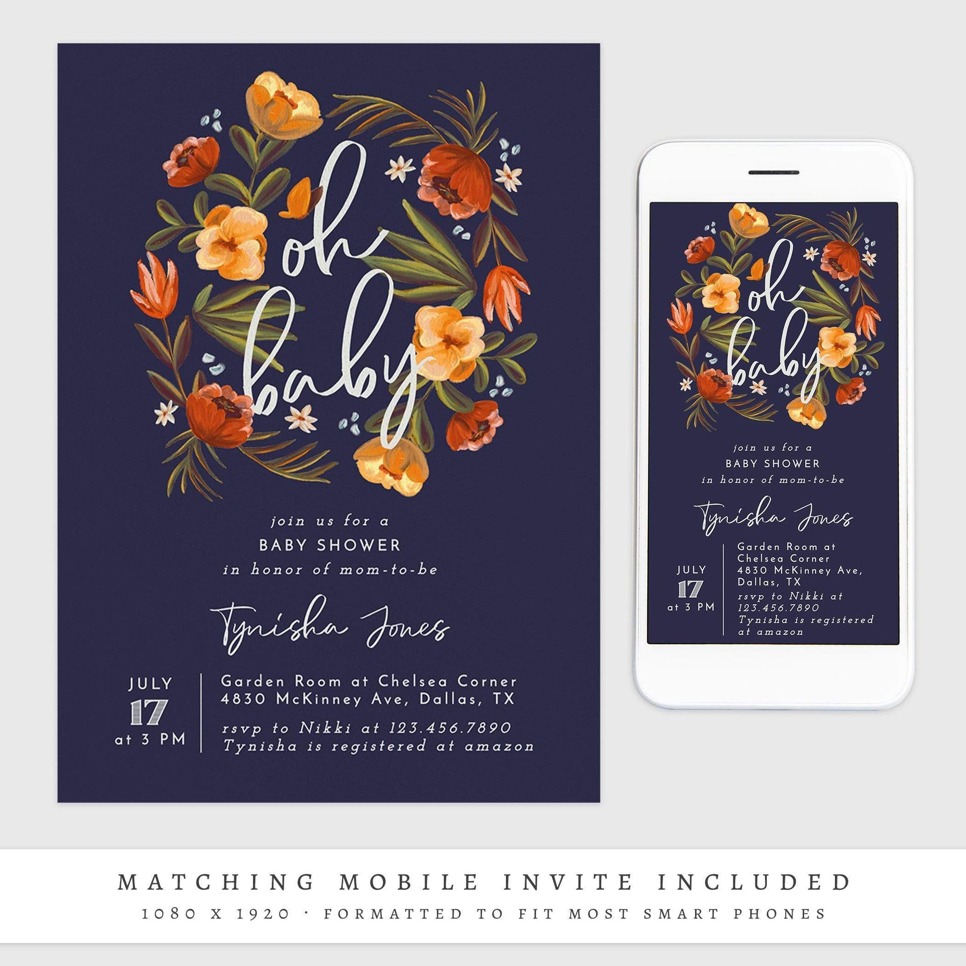 Loblolly Creative 825 - Arts & Entertainment > Party & Celebration > Party Supplies > Invitations Oh Baby Floral Baby Shower Invitation