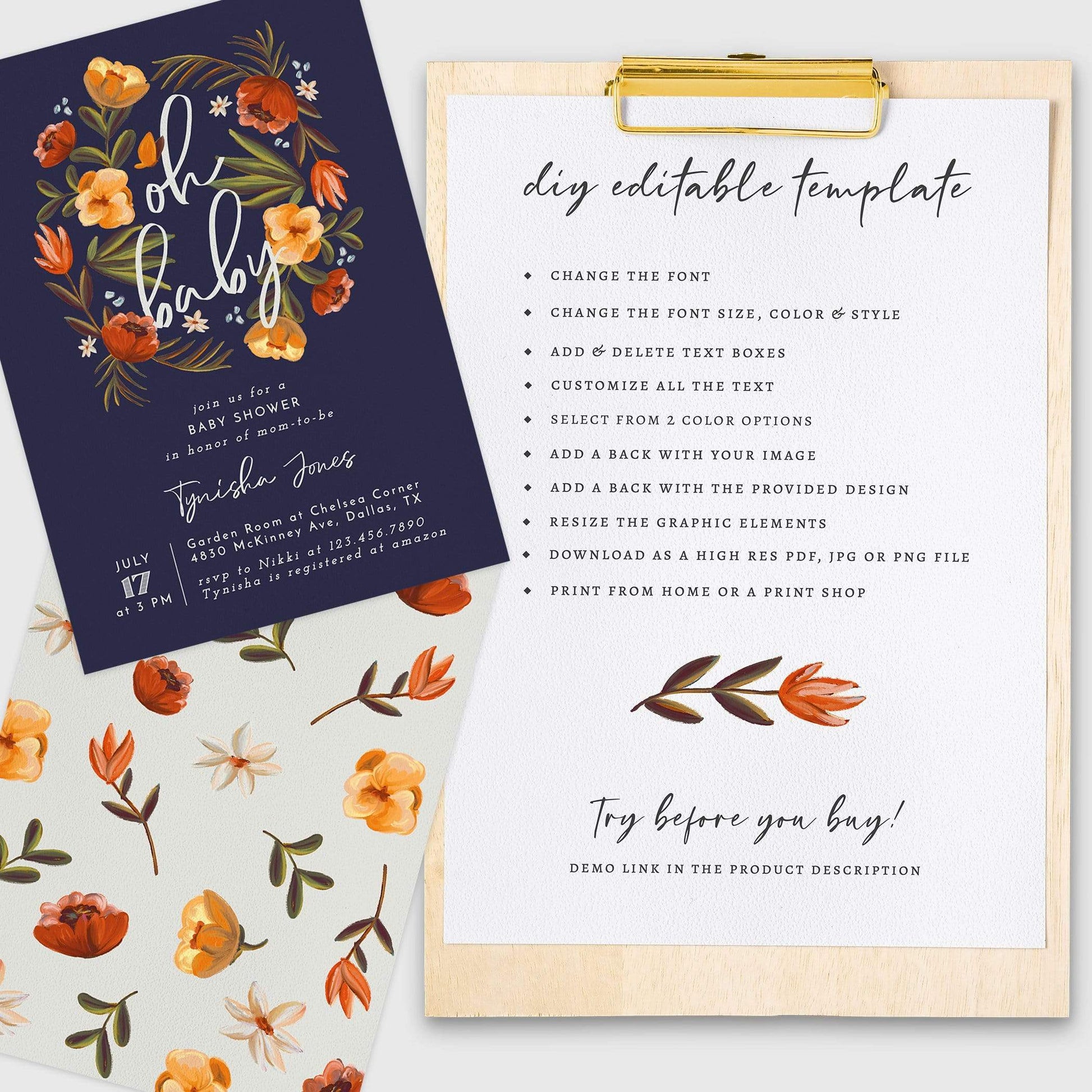 Loblolly Creative 825 - Arts & Entertainment > Party & Celebration > Party Supplies > Invitations Oh Baby Floral Baby Shower Invitation