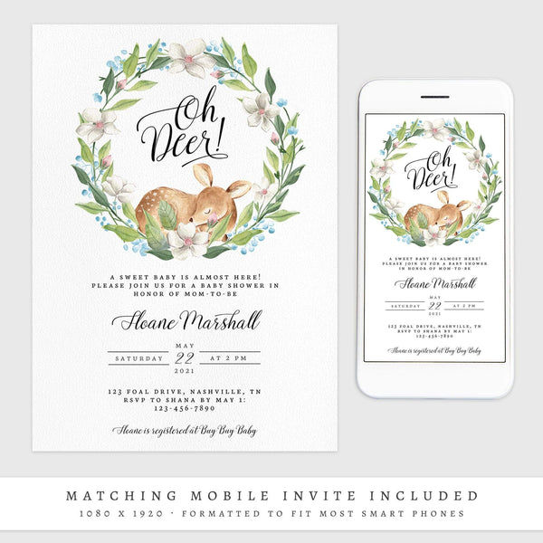Loblolly Creative 825 - Arts & Entertainment > Party & Celebration > Party Supplies > Invitations Oh Deer Baby Shower Invitation