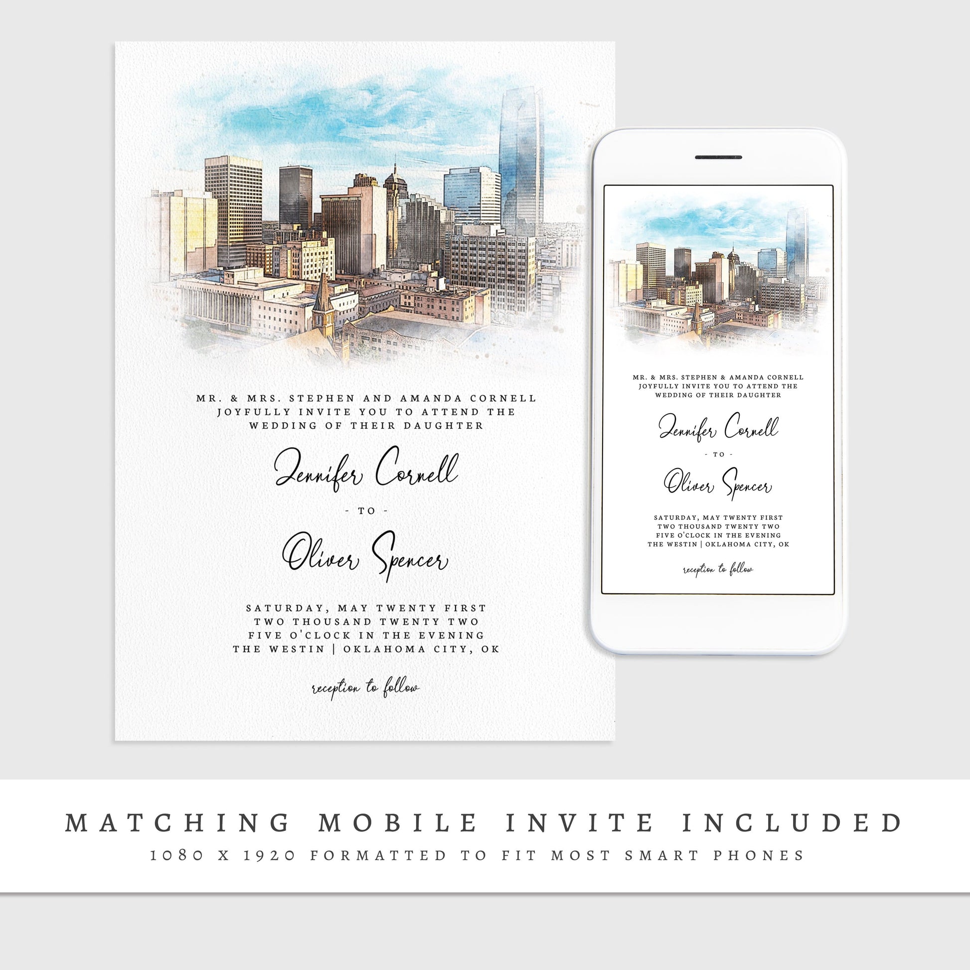 Loblolly Creative 825 - Arts & Entertainment > Party & Celebration > Party Supplies > Invitations Oklahoma City Skyline Watercolor Wedding Invitation