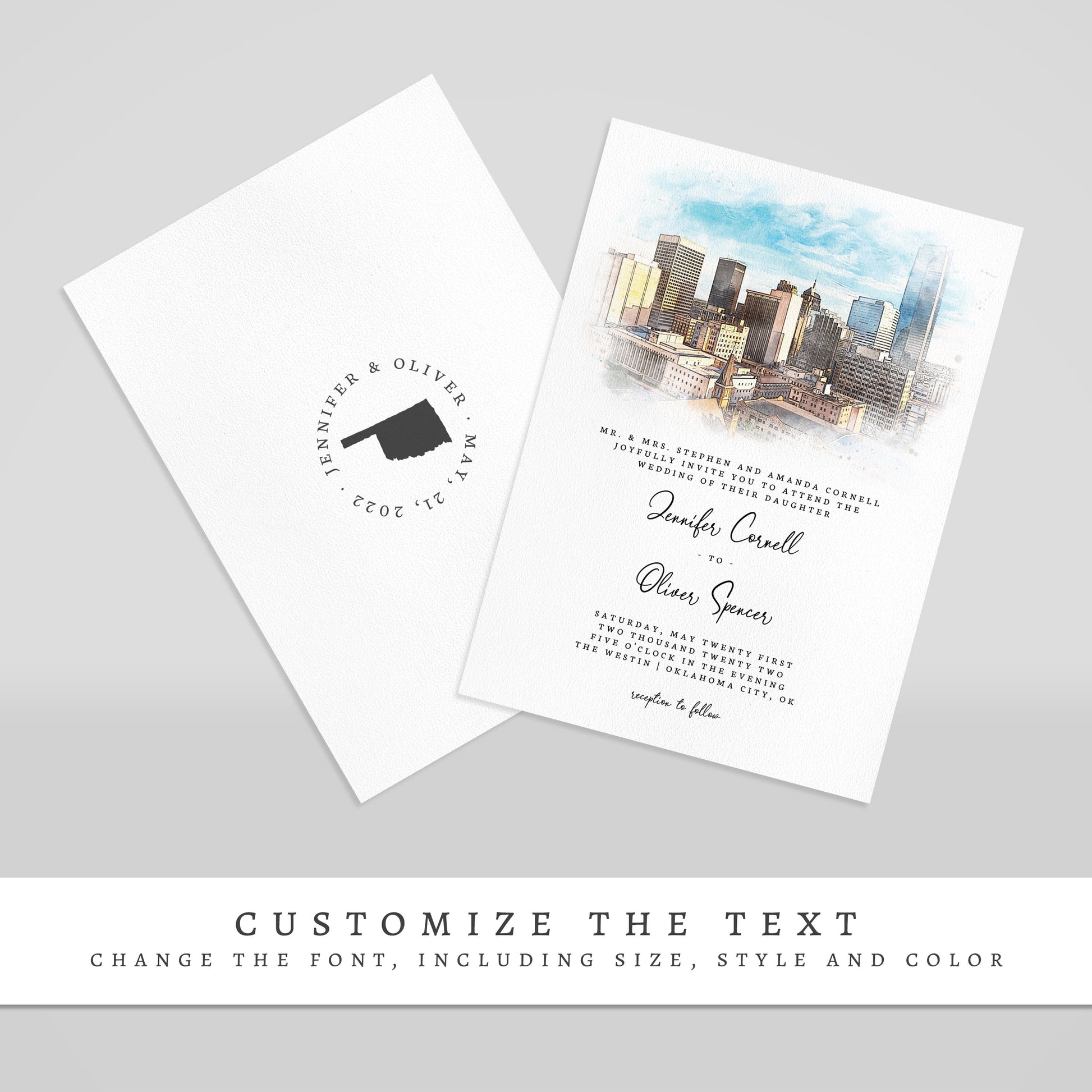 Loblolly Creative 825 - Arts & Entertainment > Party & Celebration > Party Supplies > Invitations Oklahoma City Skyline Watercolor Wedding Invitation