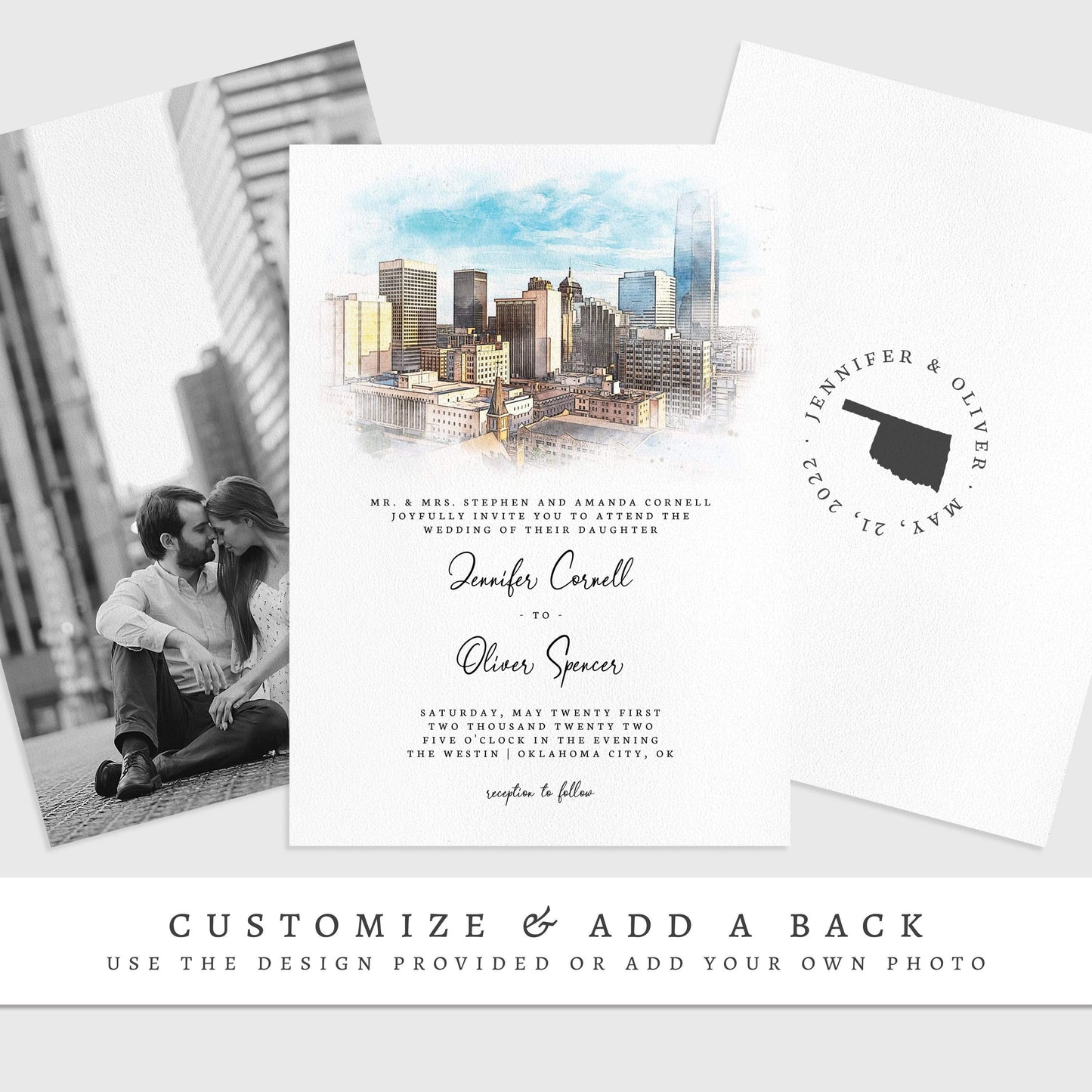 Loblolly Creative 825 - Arts & Entertainment > Party & Celebration > Party Supplies > Invitations Oklahoma City Skyline Watercolor Wedding Invitation