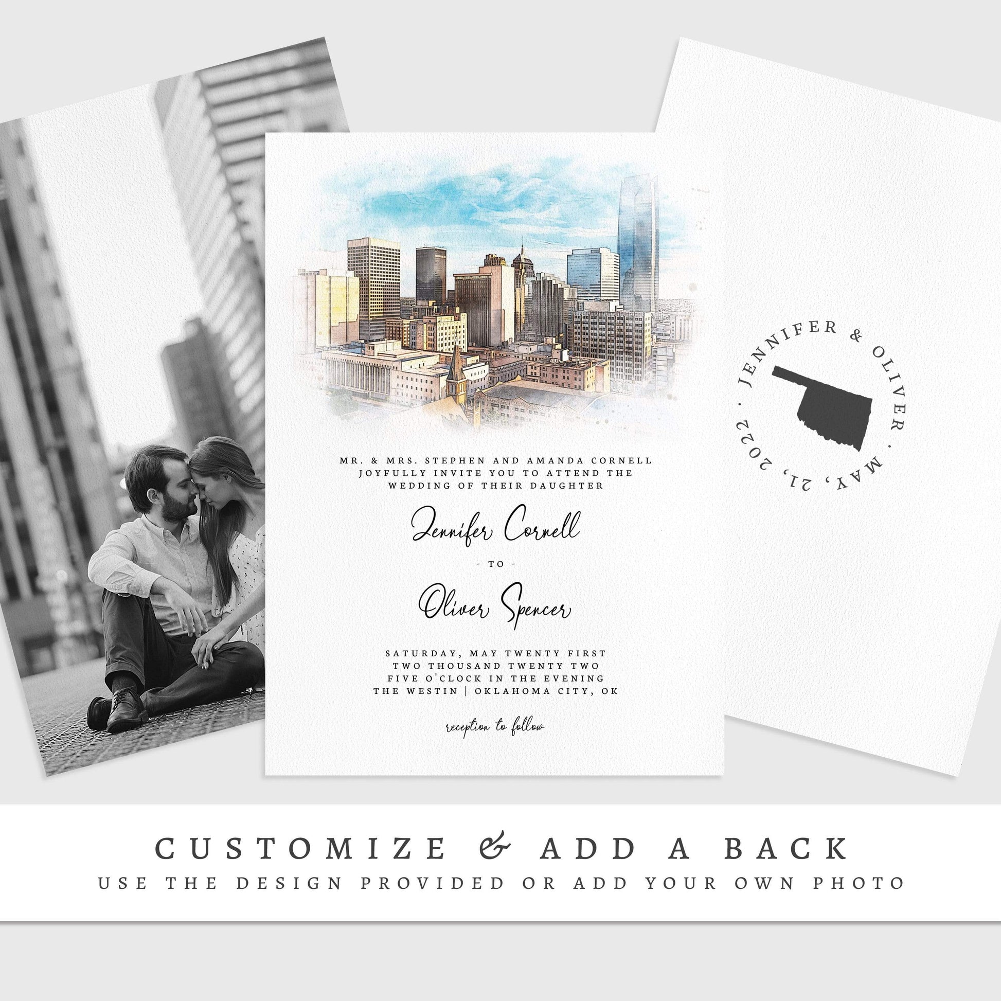 Loblolly Creative 825 - Arts & Entertainment > Party & Celebration > Party Supplies > Invitations Oklahoma City Skyline Watercolor Wedding Invitation