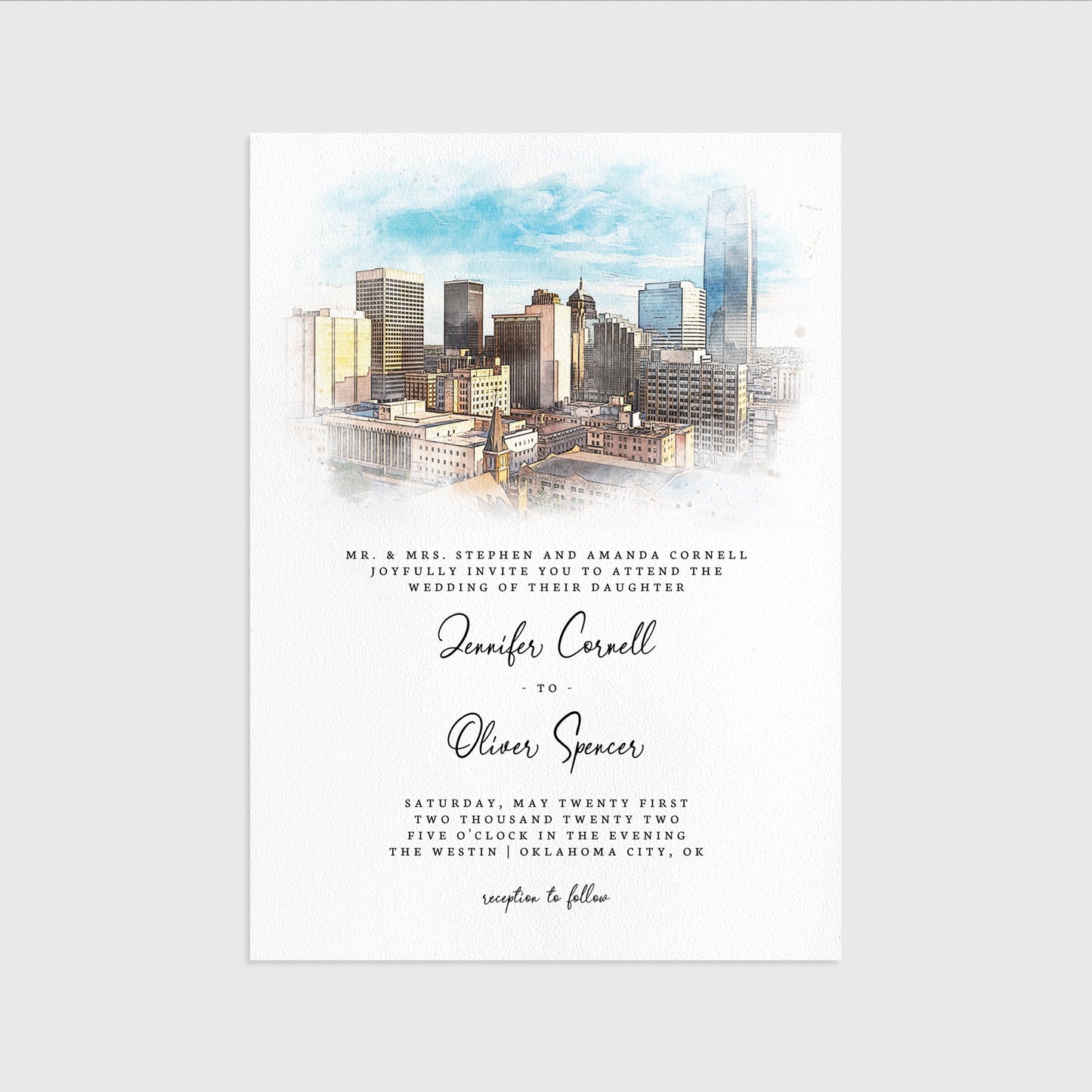 Loblolly Creative 825 - Arts & Entertainment > Party & Celebration > Party Supplies > Invitations Oklahoma City Skyline Watercolor Wedding Invitation
