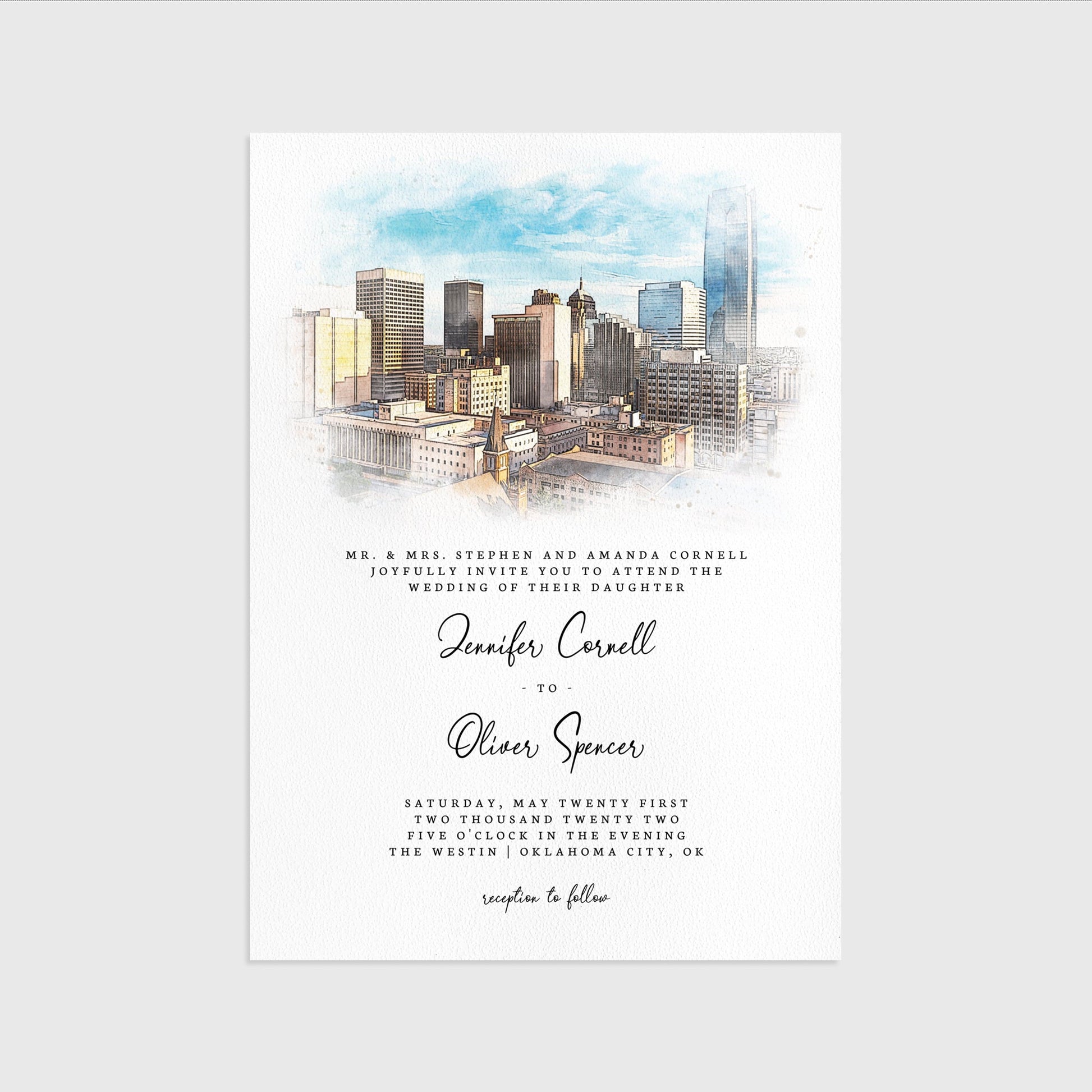 Loblolly Creative 825 - Arts & Entertainment > Party & Celebration > Party Supplies > Invitations Oklahoma City Skyline Watercolor Wedding Invitation