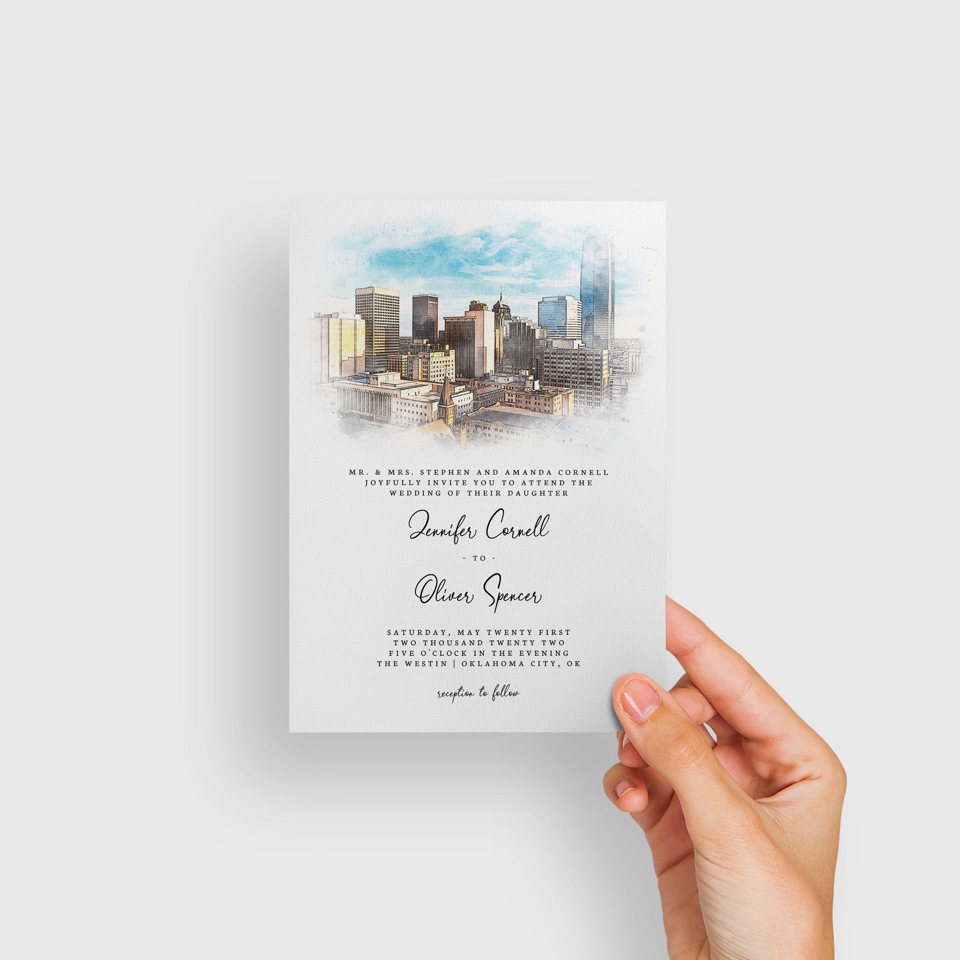 Loblolly Creative 825 - Arts & Entertainment > Party & Celebration > Party Supplies > Invitations Oklahoma City Skyline Watercolor Wedding Invitation