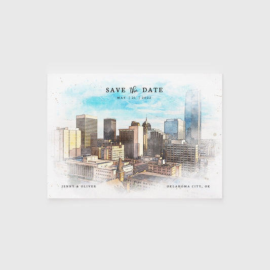 Loblolly Creative 825 - Arts & Entertainment > Party & Celebration > Party Supplies > Invitations Oklahoma City Skyline Watercolor Wedding Save the Date