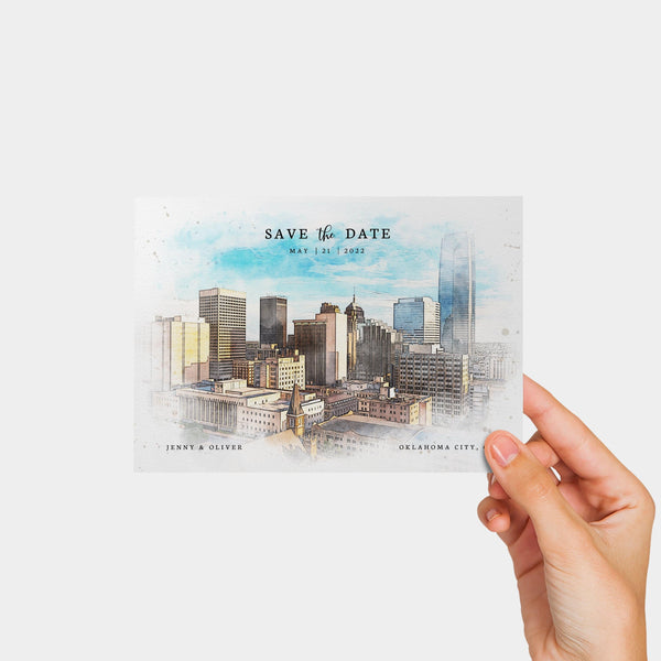 Loblolly Creative 825 - Arts & Entertainment > Party & Celebration > Party Supplies > Invitations Oklahoma City Skyline Watercolor Wedding Save the Date