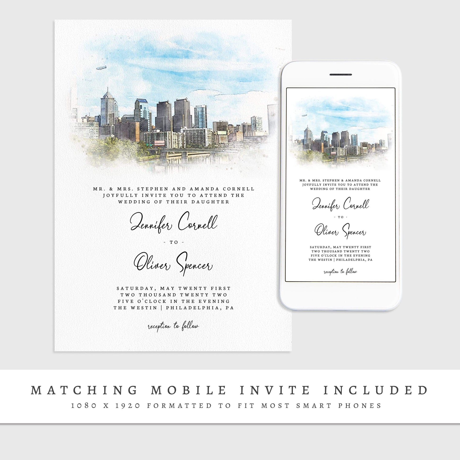 Loblolly Creative 825 - Arts & Entertainment > Party & Celebration > Party Supplies > Invitations Philadelphia Skyline Watercolor Wedding Invitation
