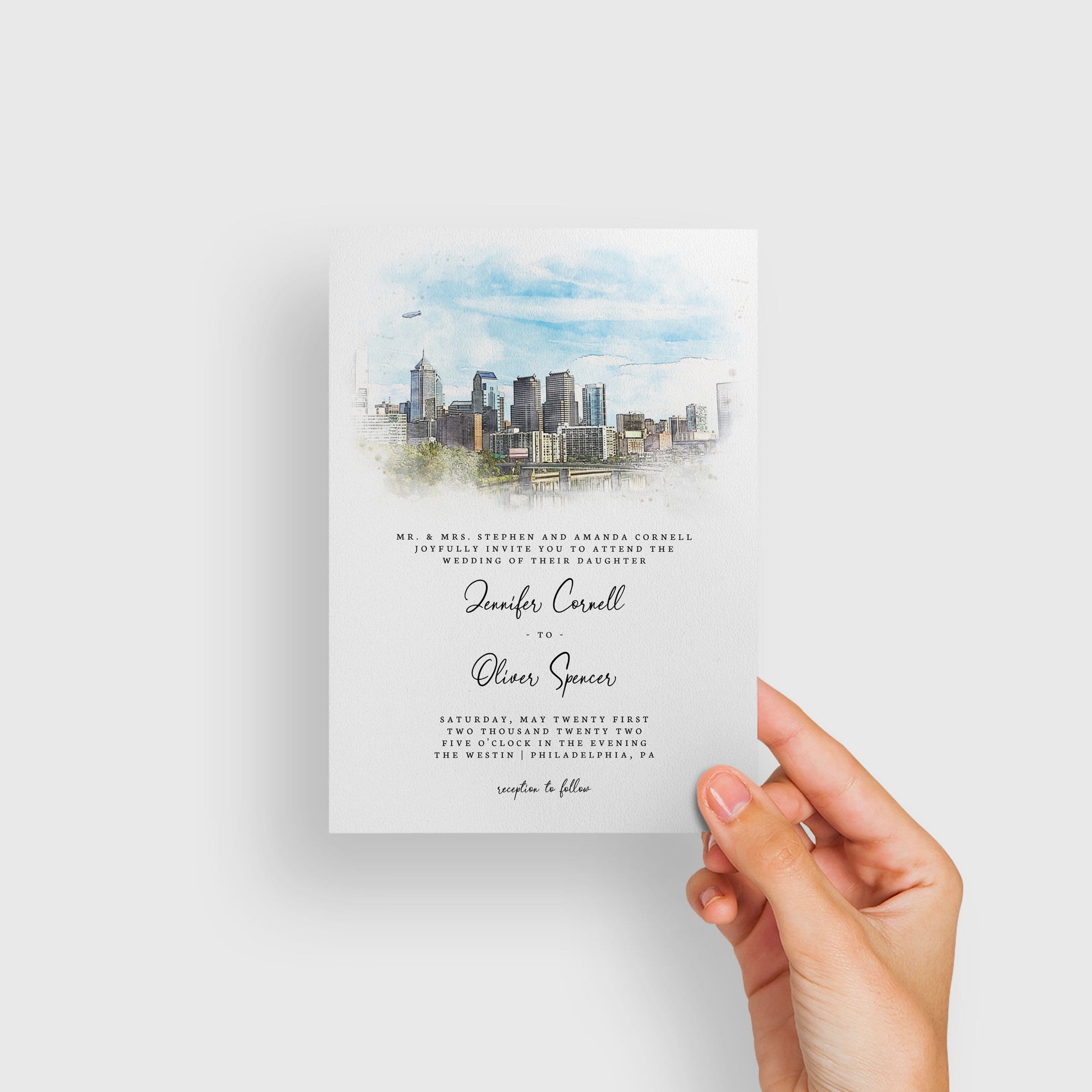Loblolly Creative 825 - Arts & Entertainment > Party & Celebration > Party Supplies > Invitations Philadelphia Skyline Watercolor Wedding Invitation