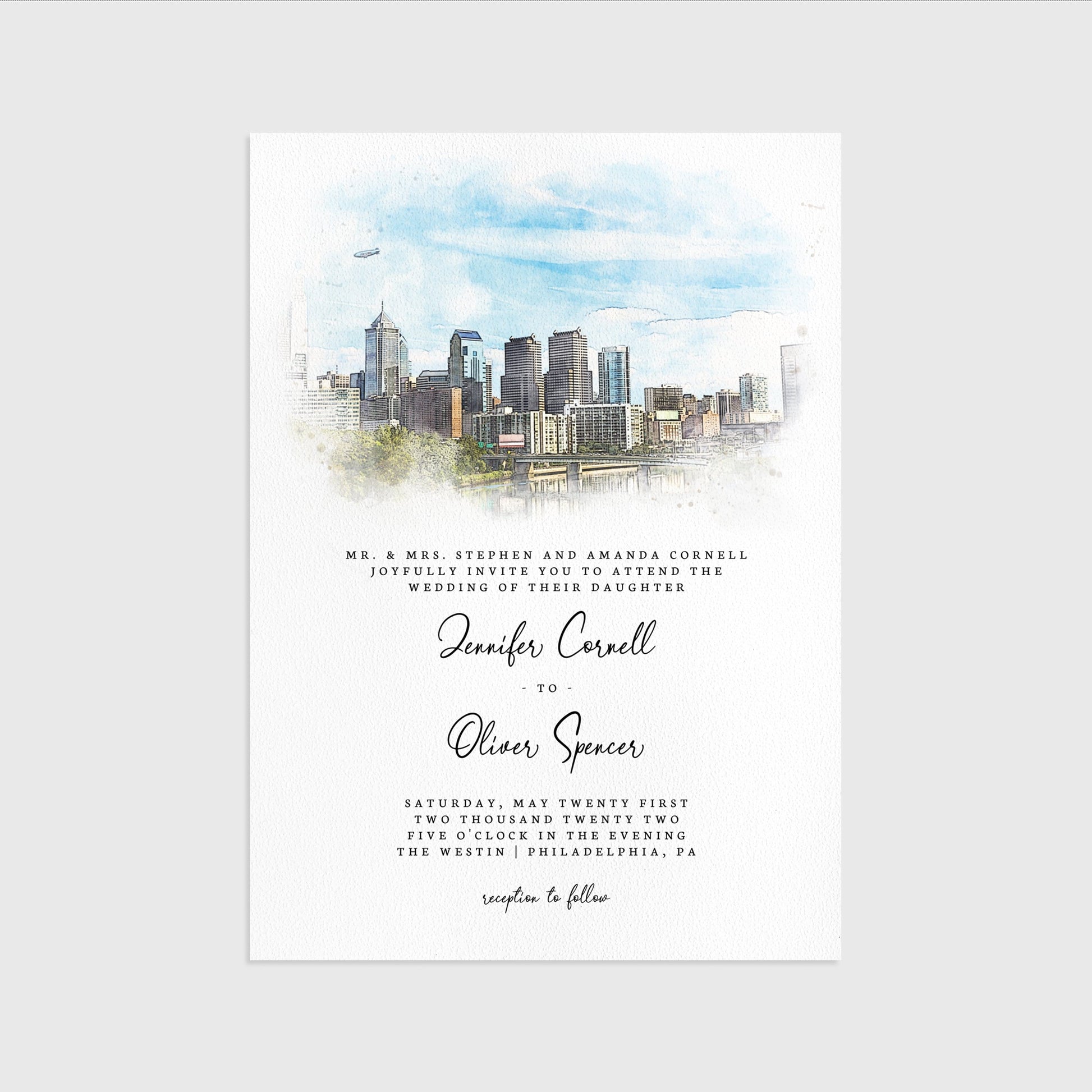 Loblolly Creative 825 - Arts & Entertainment > Party & Celebration > Party Supplies > Invitations Philadelphia Skyline Watercolor Wedding Invitation
