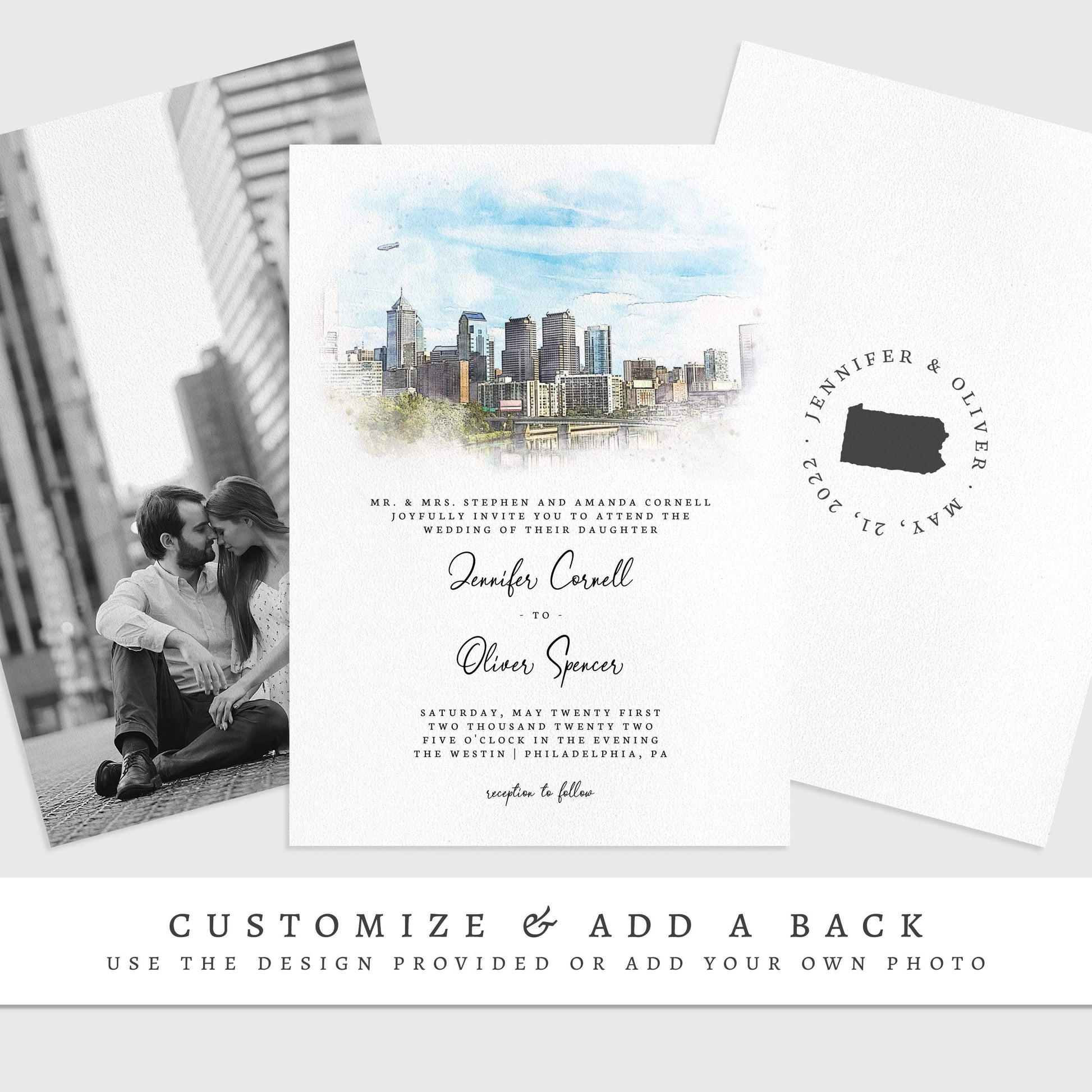 Loblolly Creative 825 - Arts & Entertainment > Party & Celebration > Party Supplies > Invitations Philadelphia Skyline Watercolor Wedding Invitation