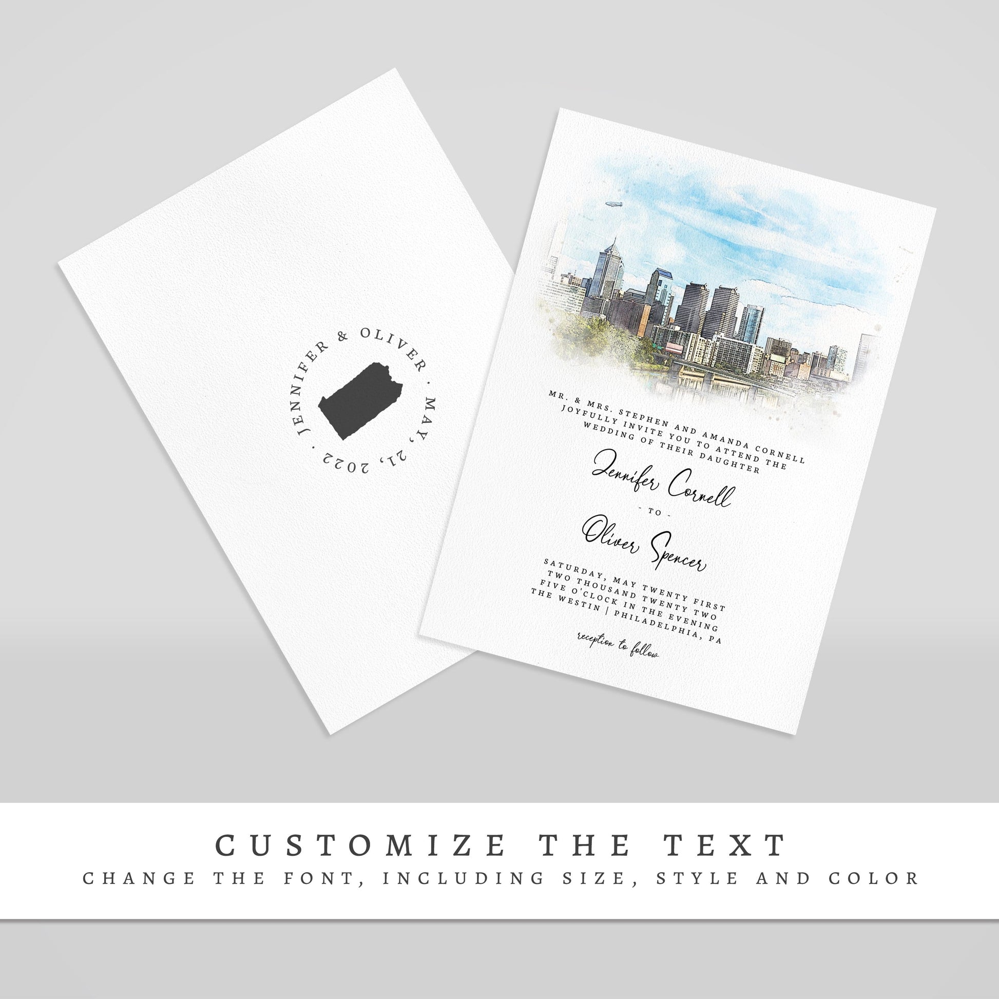 Loblolly Creative 825 - Arts & Entertainment > Party & Celebration > Party Supplies > Invitations Philadelphia Skyline Watercolor Wedding Invitation