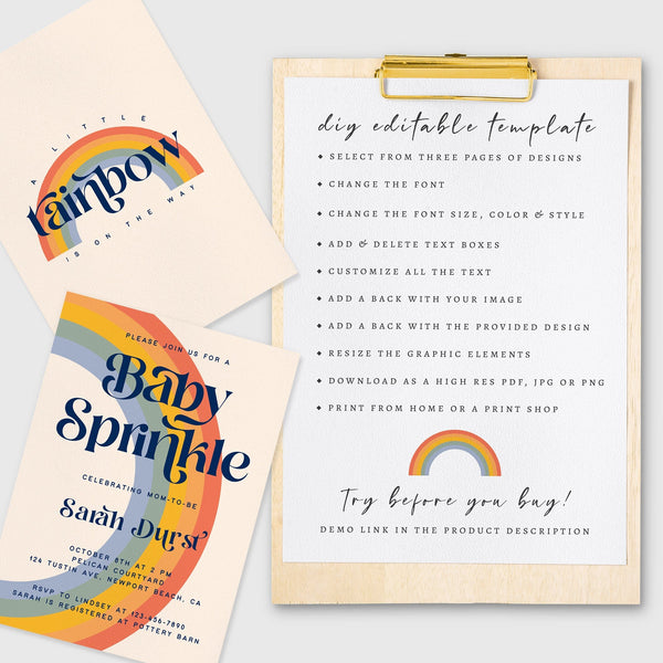 Loblolly Creative 825 - Arts & Entertainment > Party & Celebration > Party Supplies > Invitations Retro Rainbow Editable Baby Shower Invitation Template