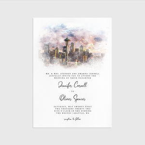 Loblolly Creative 825 - Arts & Entertainment > Party & Celebration > Party Supplies > Invitations Seattle Skyline Watercolor Wedding Invitation