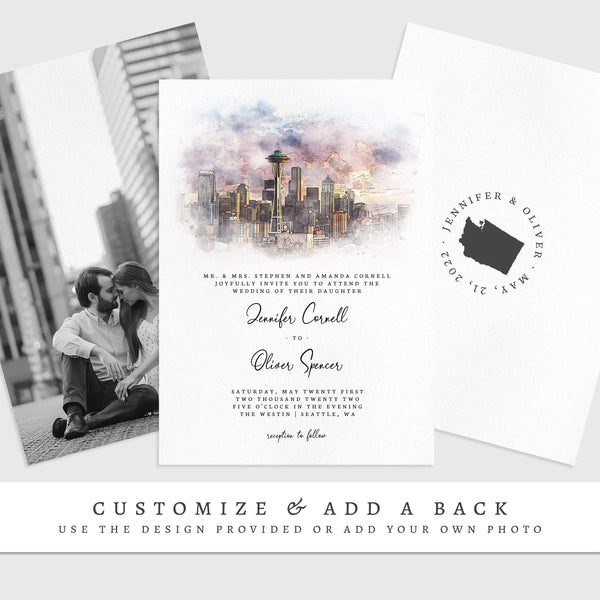 Loblolly Creative 825 - Arts & Entertainment > Party & Celebration > Party Supplies > Invitations Seattle Skyline Watercolor Wedding Invitation