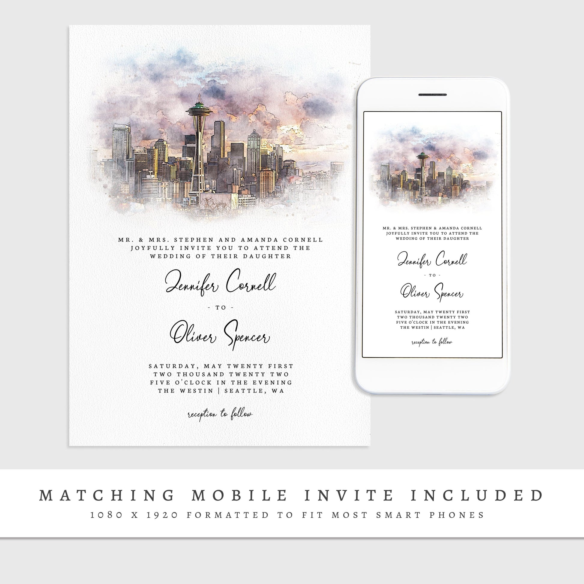 Loblolly Creative 825 - Arts & Entertainment > Party & Celebration > Party Supplies > Invitations Seattle Skyline Watercolor Wedding Invitation