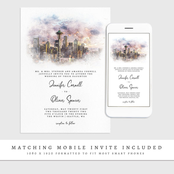 Loblolly Creative 825 - Arts & Entertainment > Party & Celebration > Party Supplies > Invitations Seattle Skyline Watercolor Wedding Invitation