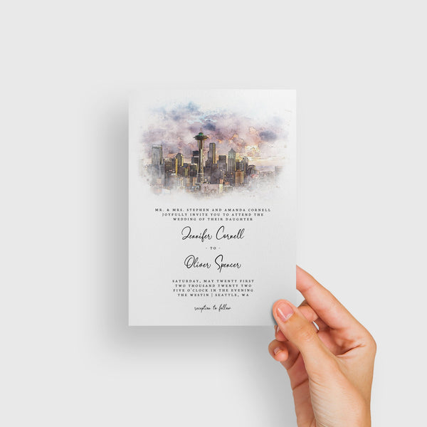 Loblolly Creative 825 - Arts & Entertainment > Party & Celebration > Party Supplies > Invitations Seattle Skyline Watercolor Wedding Invitation