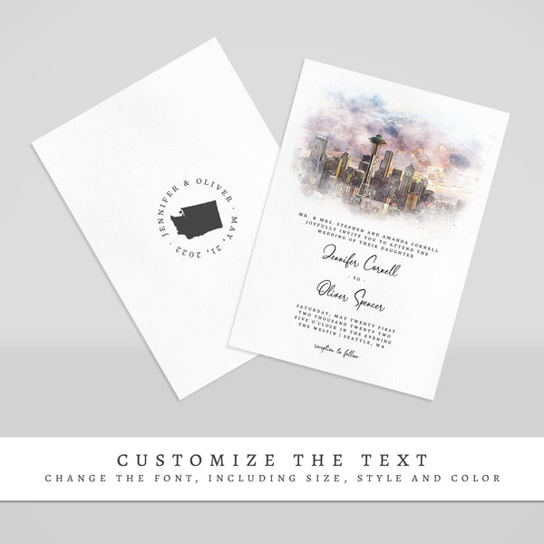 Loblolly Creative 825 - Arts & Entertainment > Party & Celebration > Party Supplies > Invitations Seattle Skyline Watercolor Wedding Invitation
