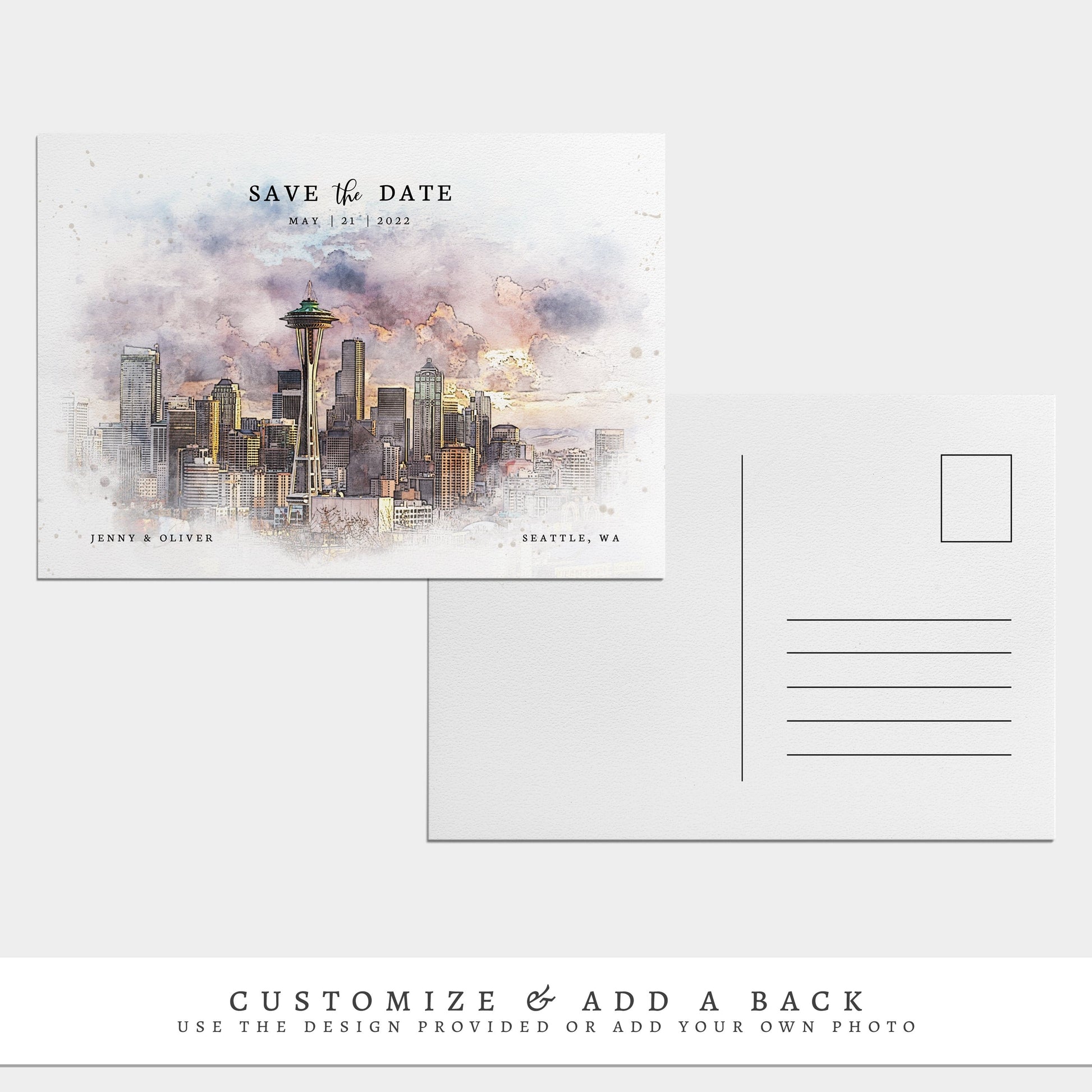 Loblolly Creative 825 - Arts & Entertainment > Party & Celebration > Party Supplies > Invitations Seattle Skyline Watercolor Wedding Save the Date