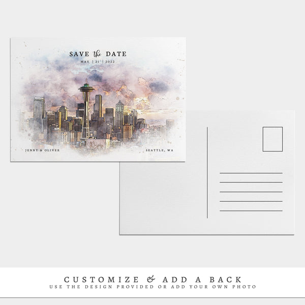 Loblolly Creative 825 - Arts & Entertainment > Party & Celebration > Party Supplies > Invitations Seattle Skyline Watercolor Wedding Save the Date