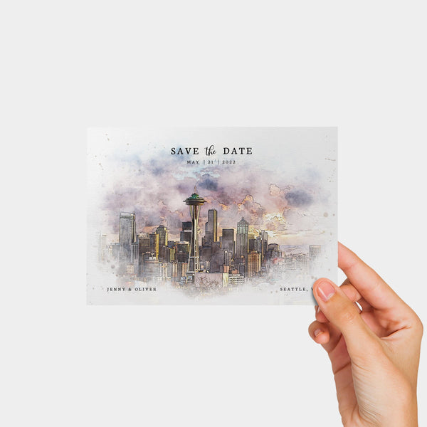 Loblolly Creative 825 - Arts & Entertainment > Party & Celebration > Party Supplies > Invitations Seattle Skyline Watercolor Wedding Save the Date