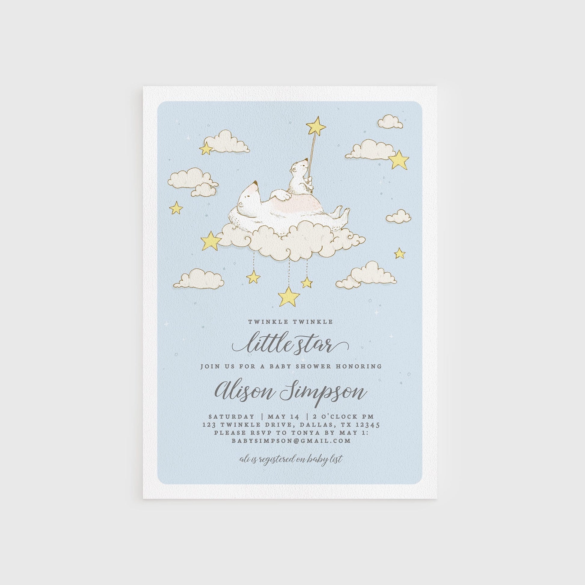 Loblolly Creative 825 - Arts & Entertainment > Party & Celebration > Party Supplies > Invitations Twinkle Twinkle Little Star Baby Shower Invitation