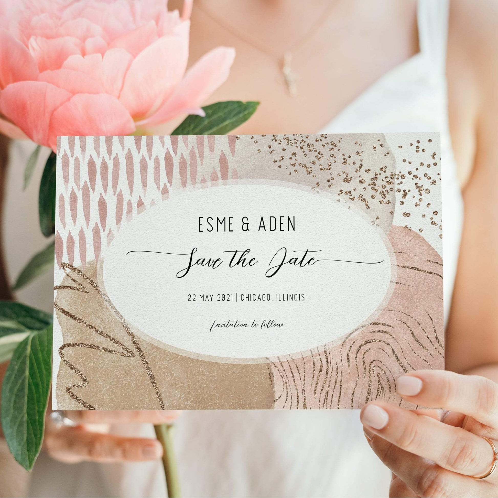 Loblolly Creative Digital Template Abstract Blush Modern Wedding Save the Date Card