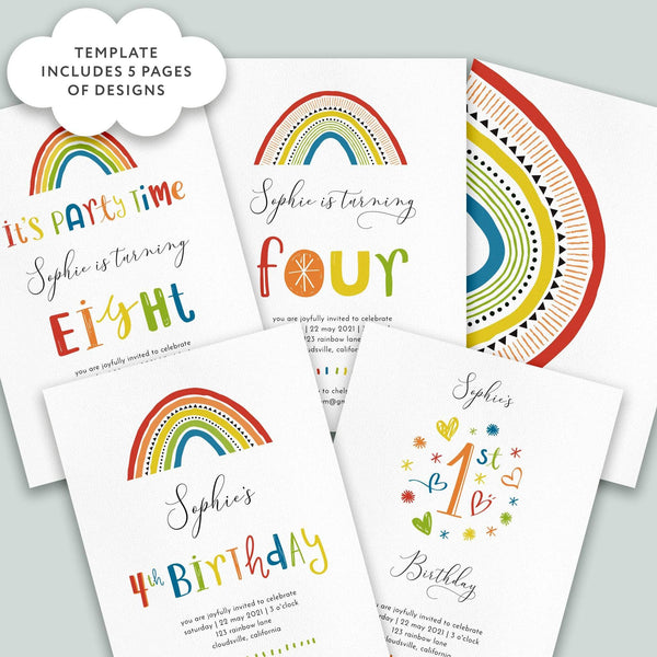 Loblolly Creative Digital Template Bright Rainbow Birthday Invitation