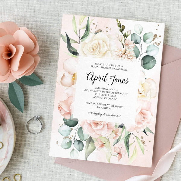 Loblolly Creative Digital Template Delicate Roses Bridal Shower Invitation