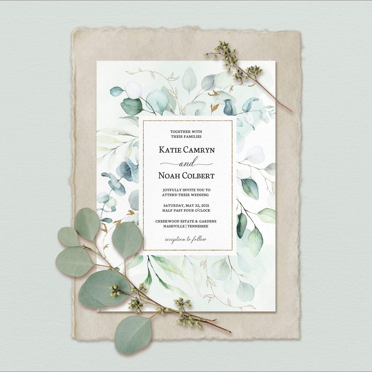 Loblolly Creative Digital Template Eucalyptus Greenery Wedding Invitation