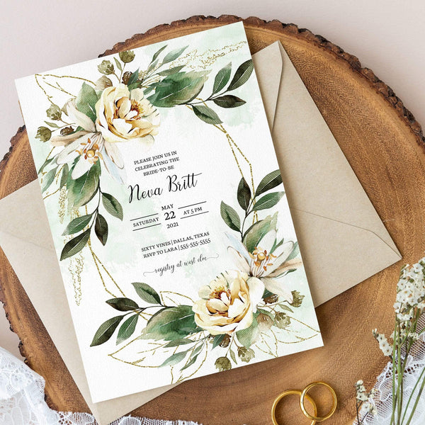 Loblolly Creative Digital Template Gold Greenery Bridal Shower Invitation