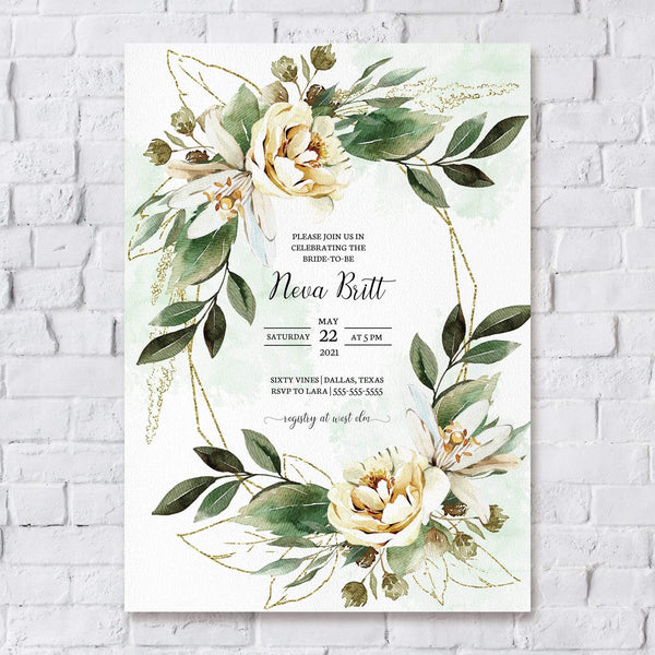 Loblolly Creative Digital Template Gold Greenery Bridal Shower Invitation