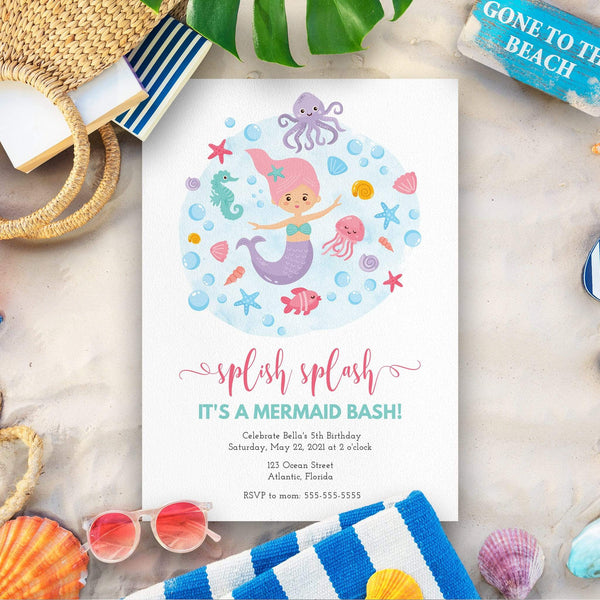 Loblolly Creative Digital Template Kids Mermaid Birthday Party Invitation