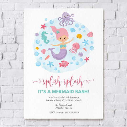 Loblolly Creative Digital Template Kids Mermaid Birthday Party Invitation