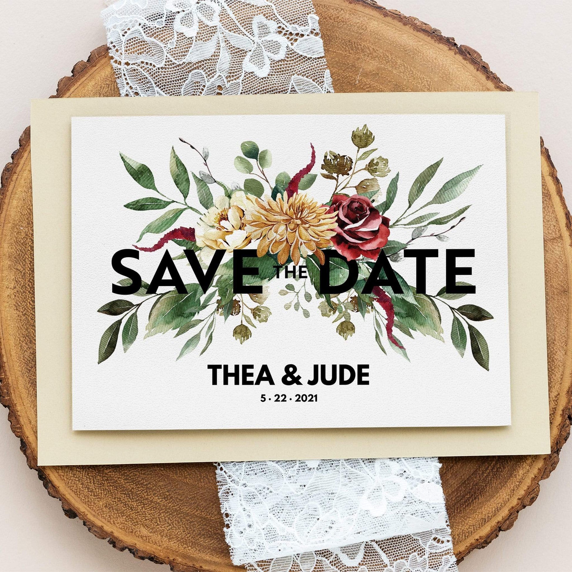 Loblolly Creative Digital Template Modern Large Text Floral Save the Date Card