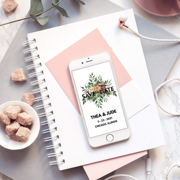 Loblolly Creative Digital Template Modern Large Text Floral Save the Date Card