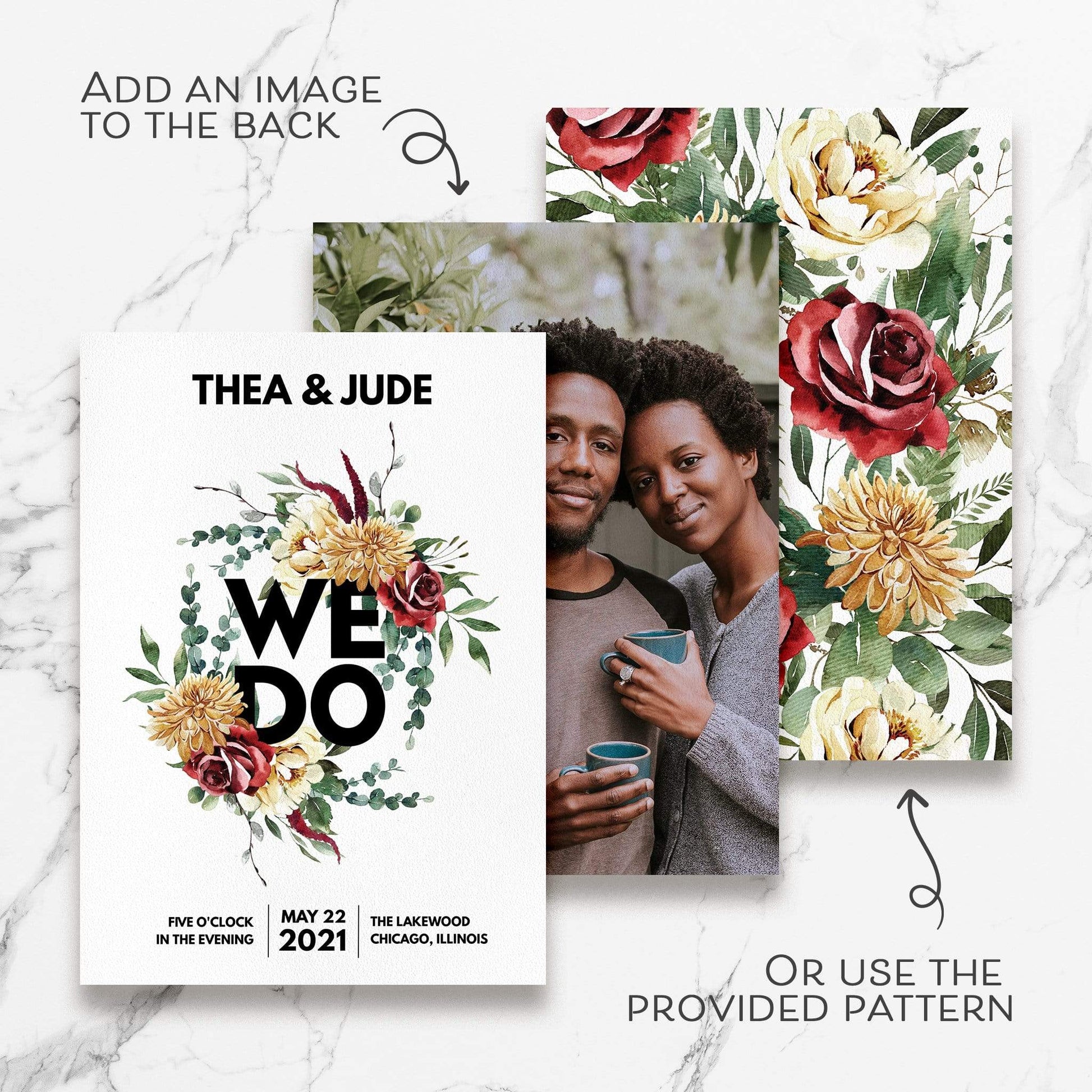 Loblolly Creative Digital Template Modern Large Text Floral Wedding Invitation
