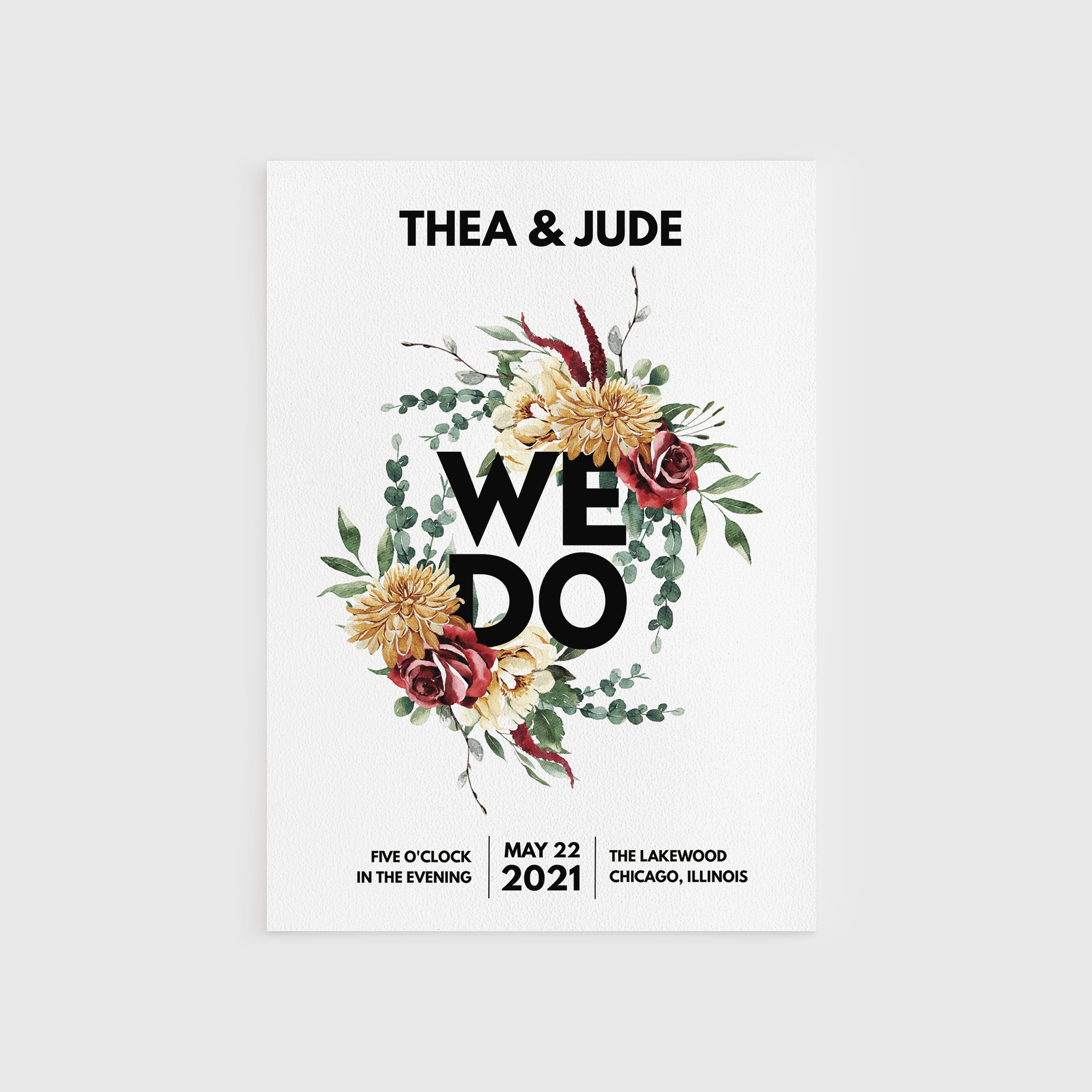 Loblolly Creative Digital Template Modern Large Text Floral Wedding Invitation