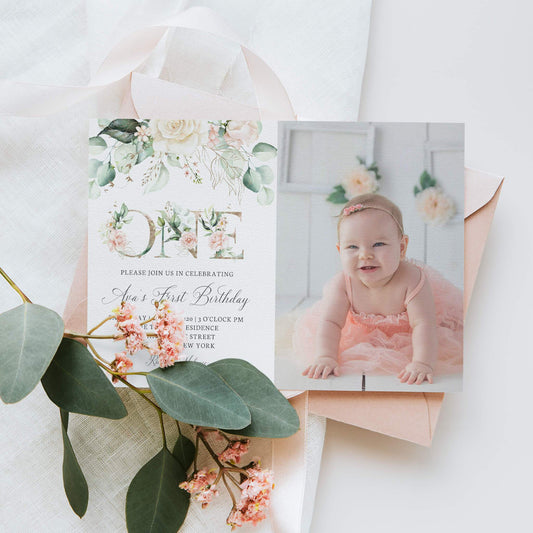 Loblolly Creative Digital Template Pink Floral Girls First Birthday Photo Invitation