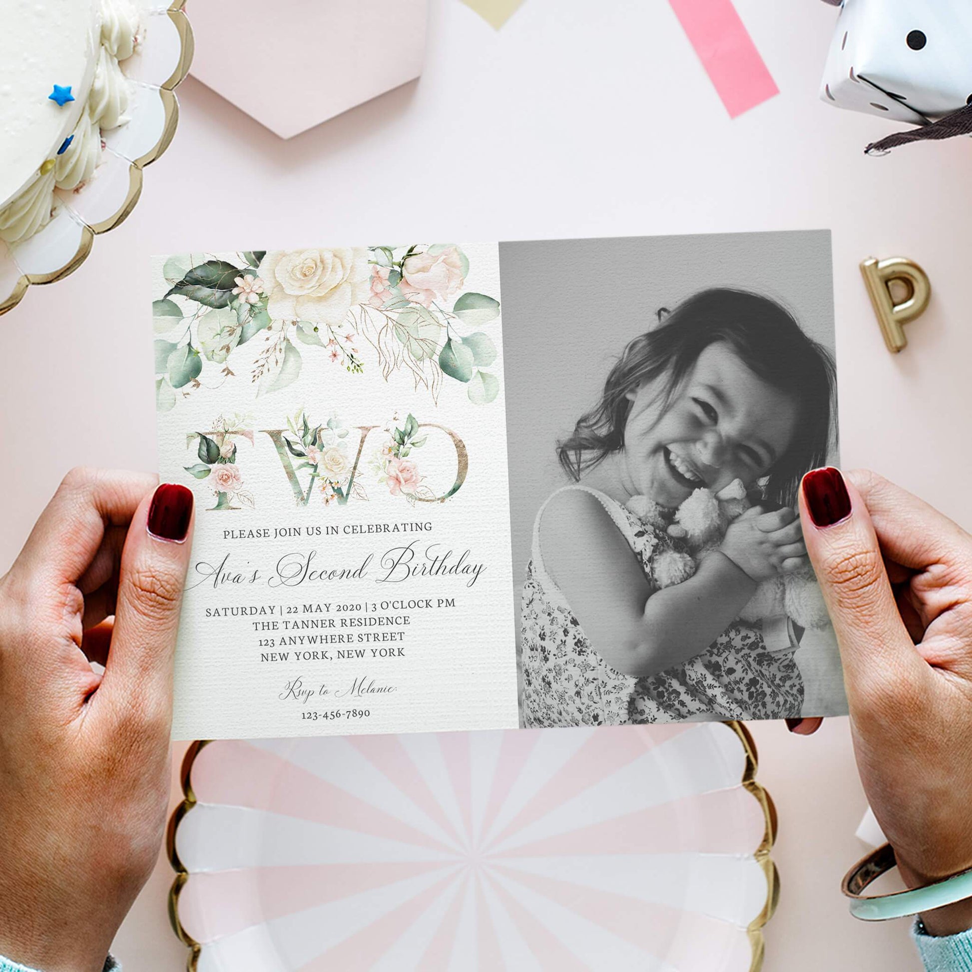 Loblolly Creative Digital Template Pink Floral Girls Second Birthday Photo Invitation