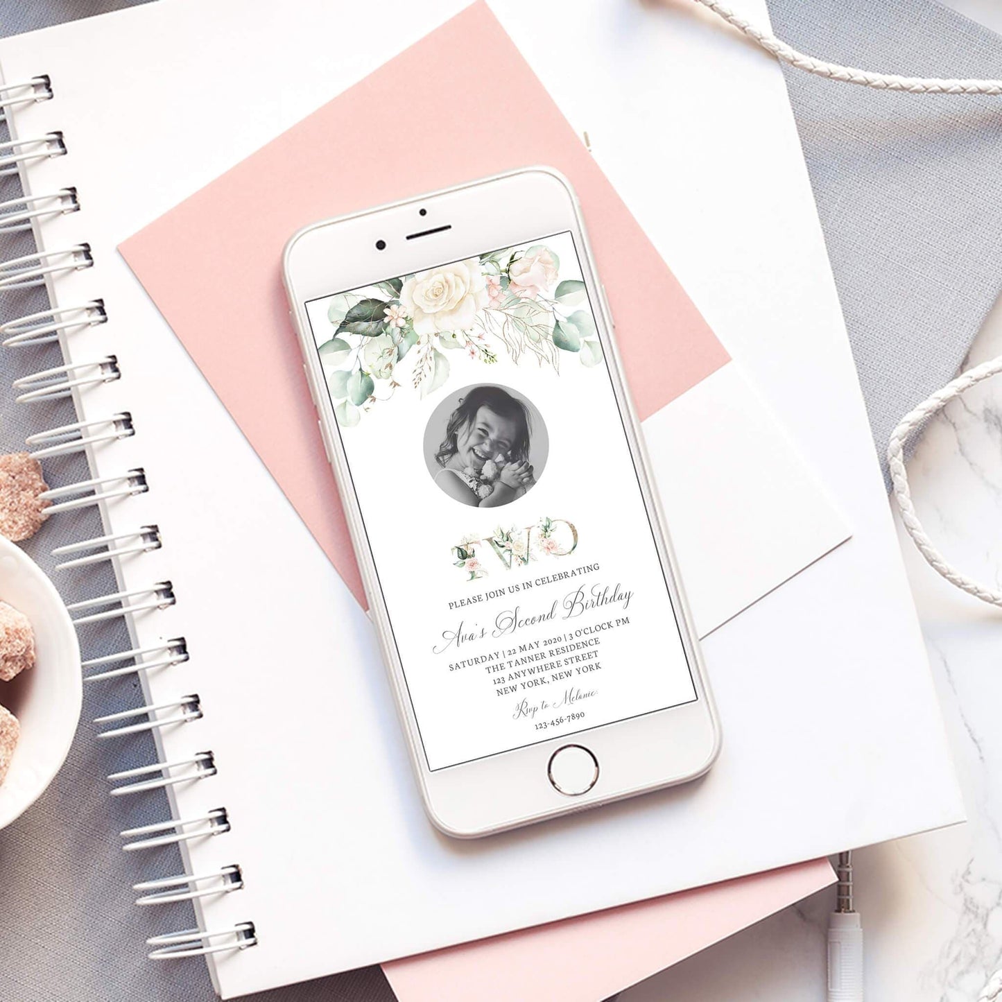 Loblolly Creative Digital Template Pink Floral Girls Second Birthday Photo Invitation