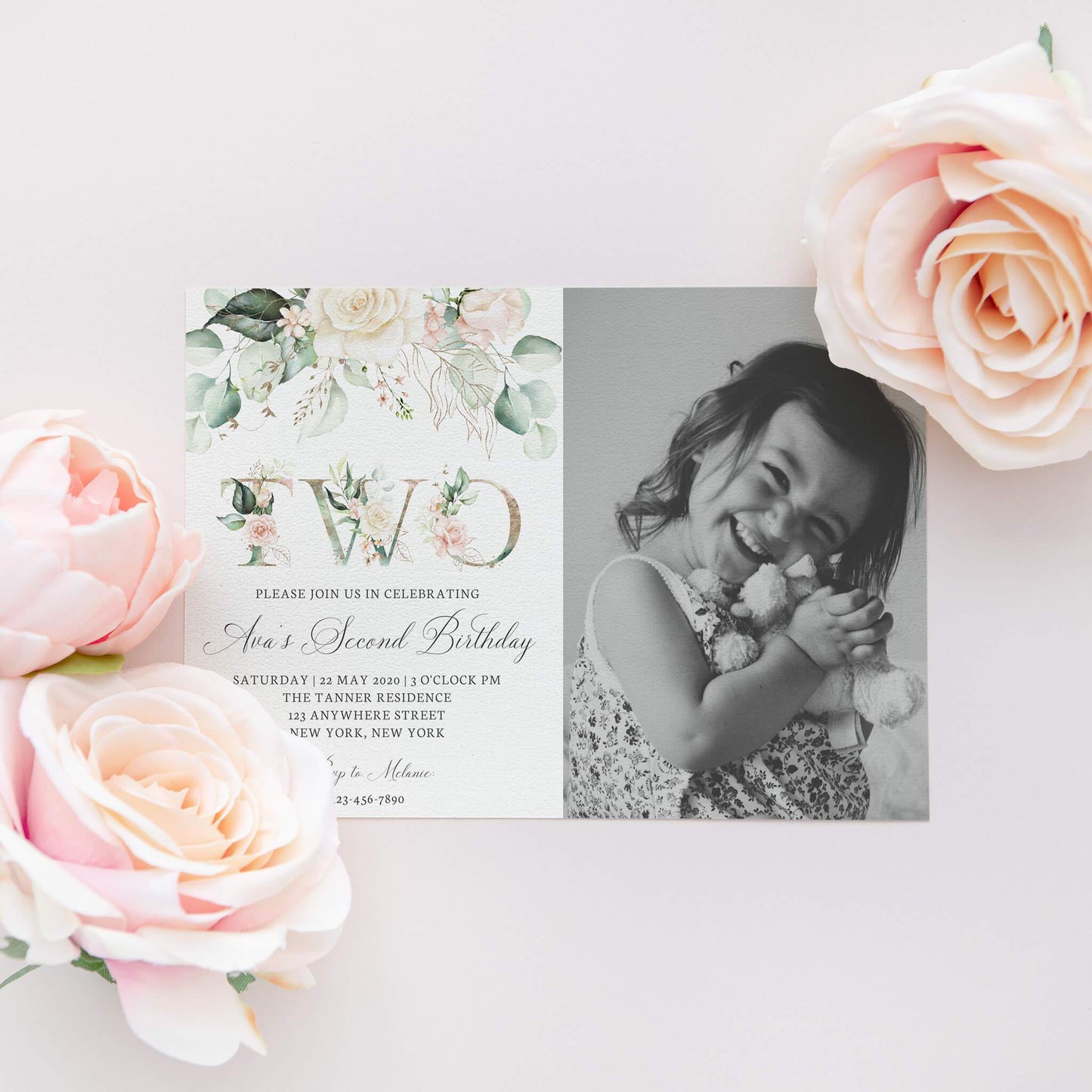 Loblolly Creative Digital Template Pink Floral Girls Second Birthday Photo Invitation