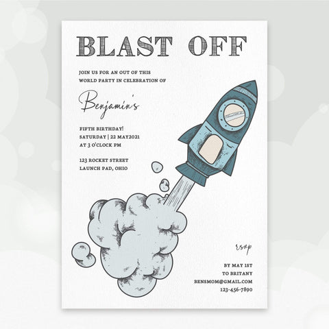 Loblolly Creative Digital Template Space Blast Off Birthday Invitation