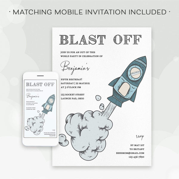 Loblolly Creative Digital Template Space Blast Off Birthday Invitation