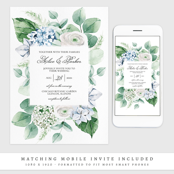 Loblolly Creative Digital Template Spring Floral Hydrangea Wedding Invitation