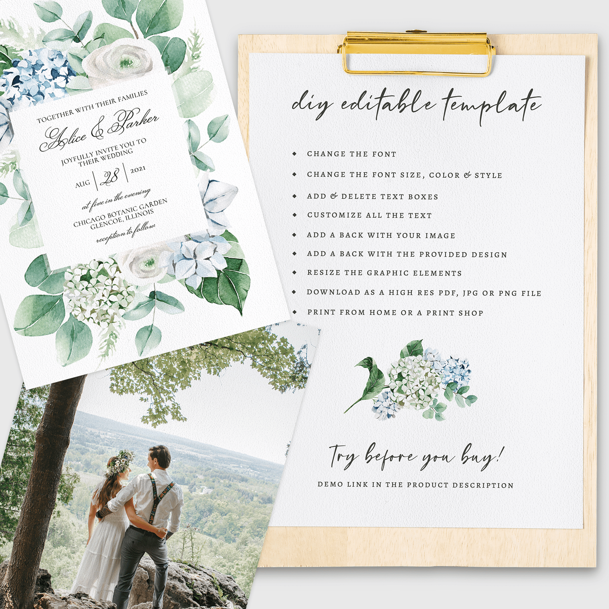 Loblolly Creative Digital Template Spring Floral Hydrangea Wedding Invitation