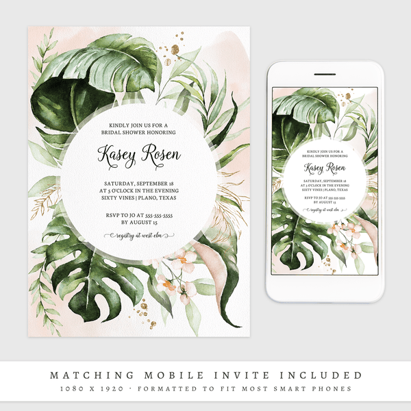 Loblolly Creative Digital Template Tropical Greenery Bridal Shower Invitation